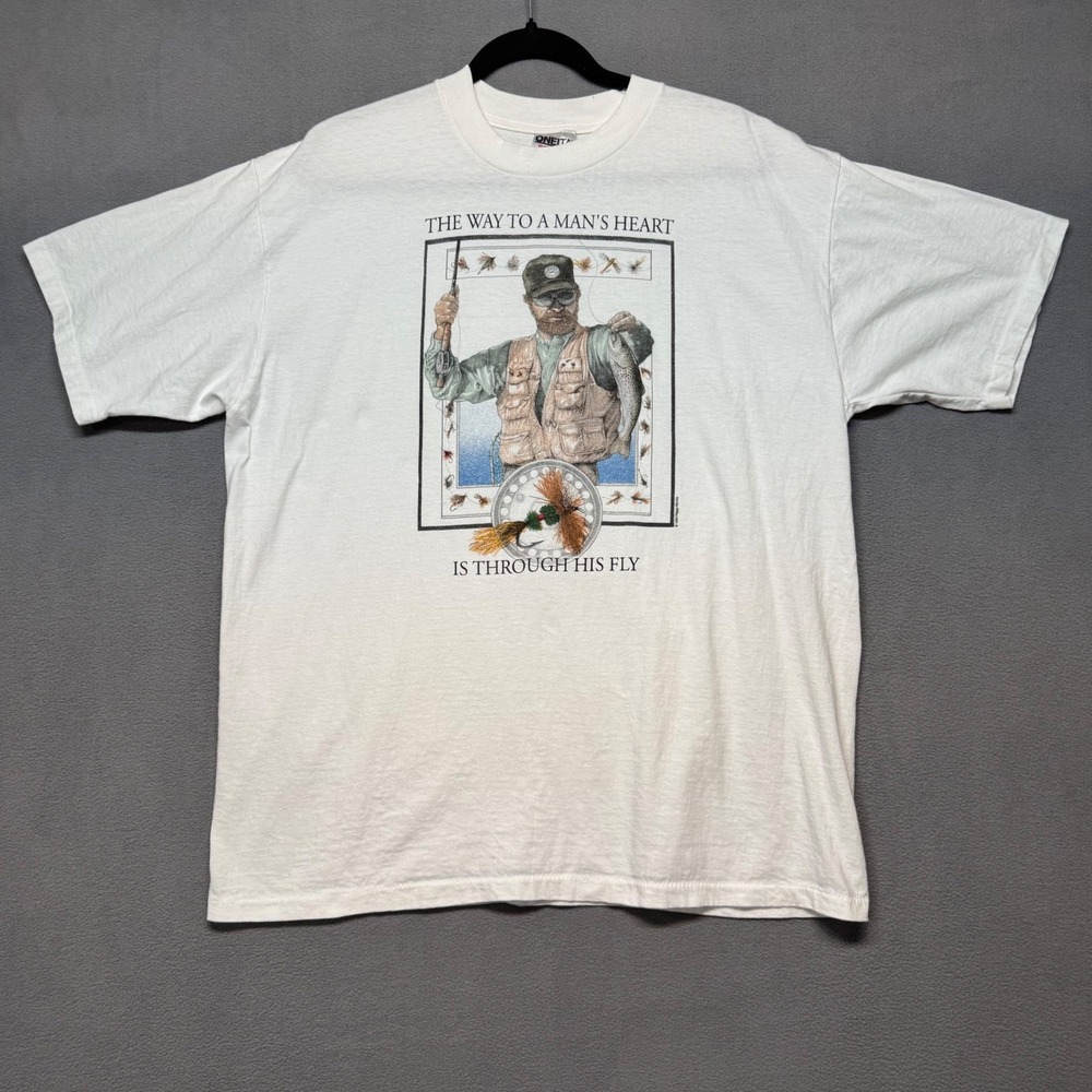 Vtg Oneita Power‎ T Fishing Graphic T Shirt Vintage 90s Funny XL White Made USA